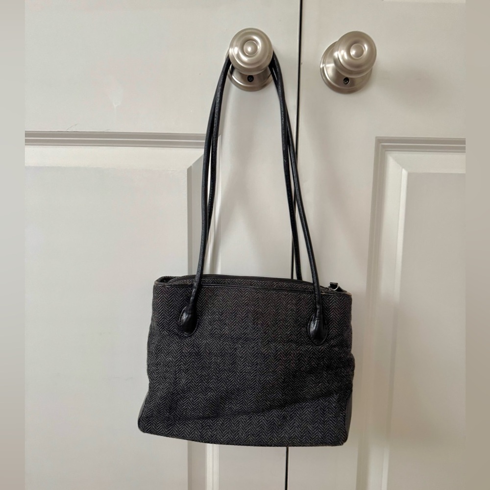 Etienne Aigner Genuine Leather Shoulder Bag with Gray and Black Herringbone Wool